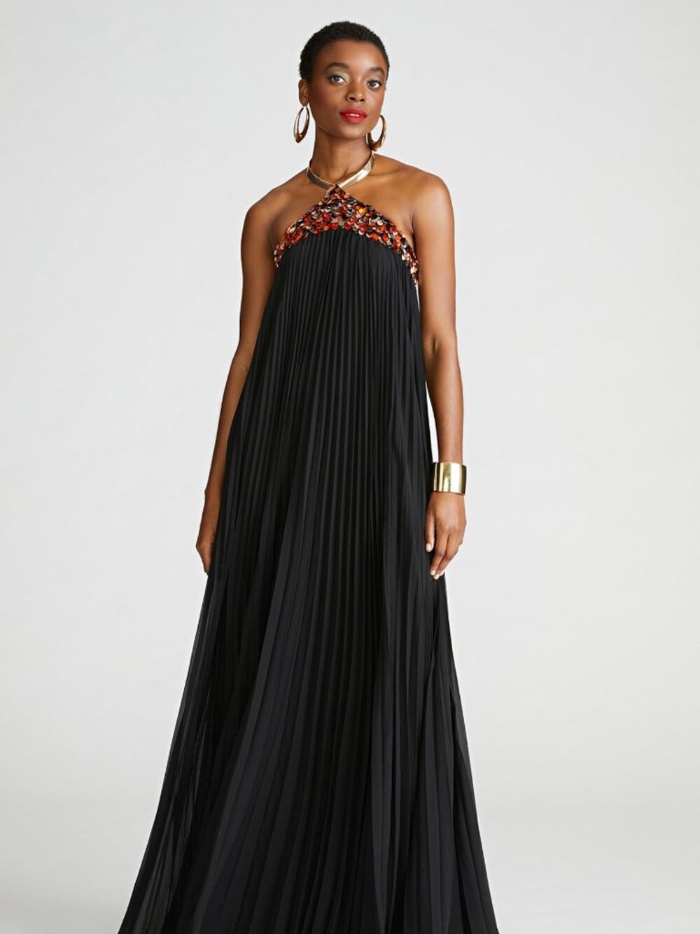 HALSTON Pythia Gown w/Pleated Chiffon - NWT - Size 8 - Black w/Earth Tone sequin